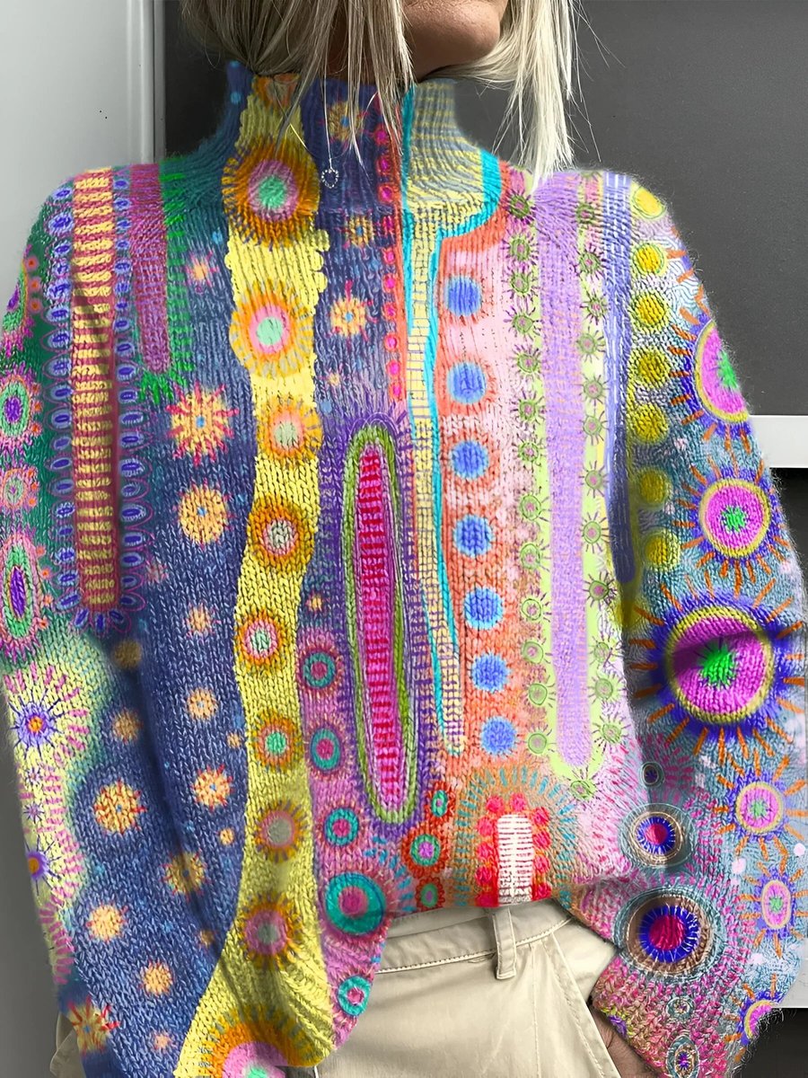 Women's Multicolor Abstract Knit Turtleneck Sweater