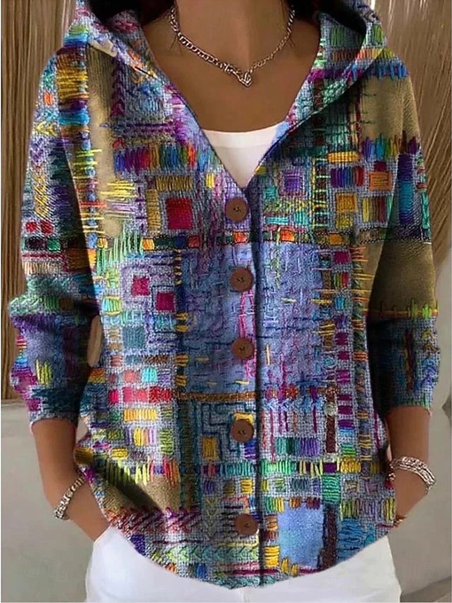 Women's Multicolor Patchwork Button-Front Hooded Cardigan Sweater - Purple
