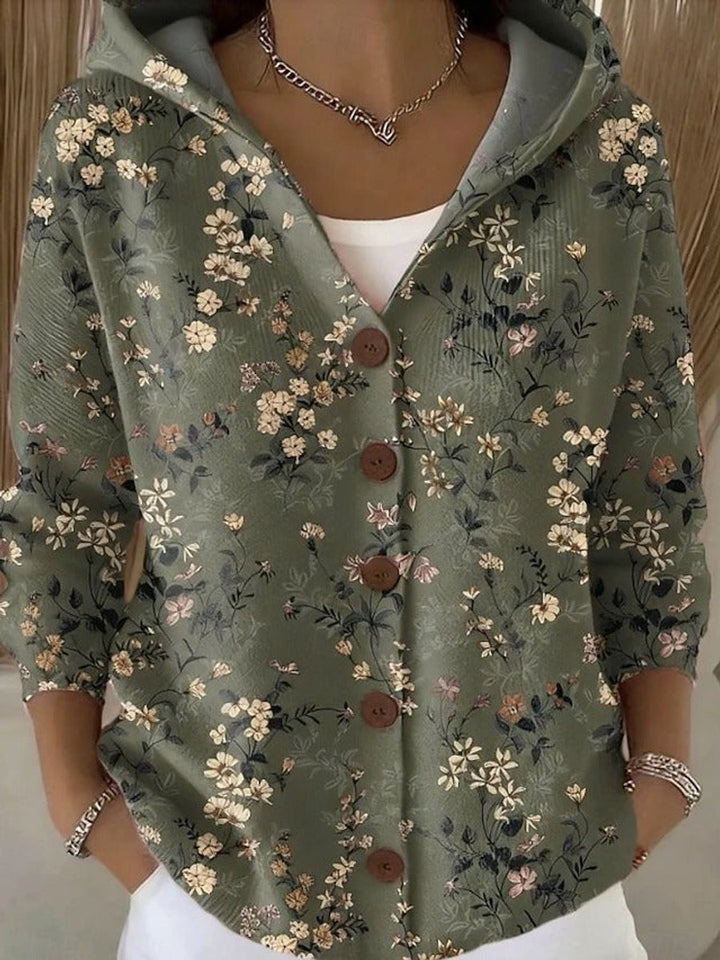 Women's Multicolor Patchwork Button-Front Hooded Cardigan Sweater - Dark Green