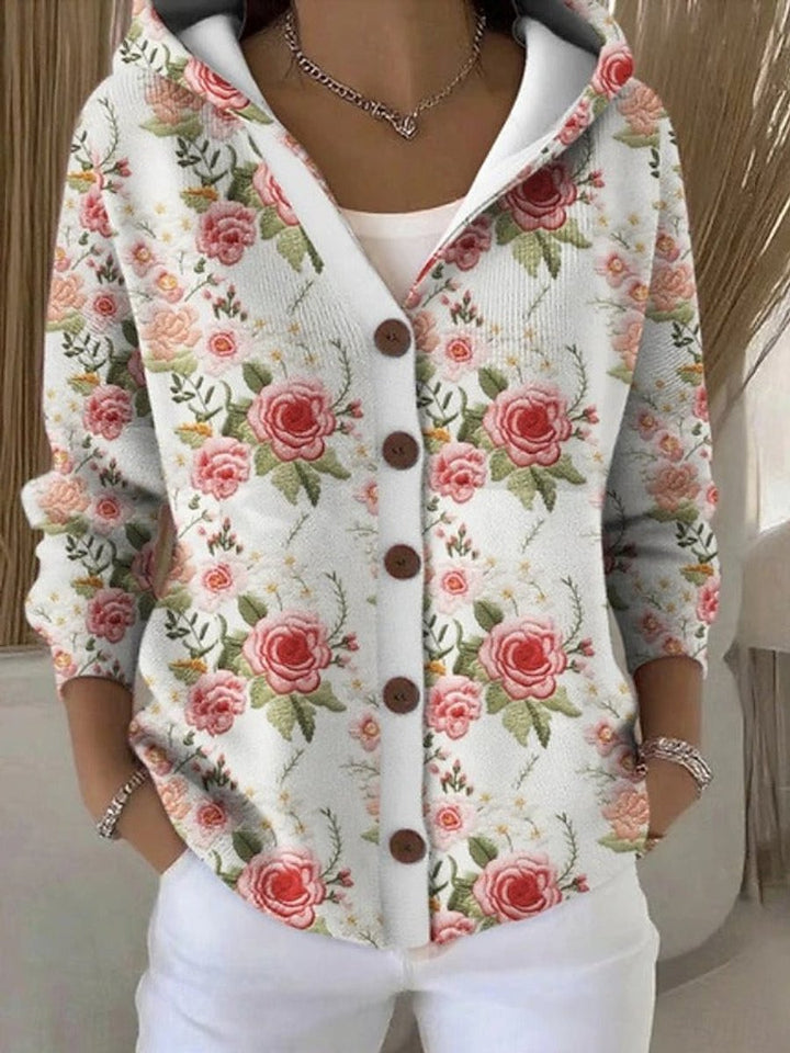 Women's Multicolor Patchwork Button-Front Hooded Cardigan Sweater - Floral White