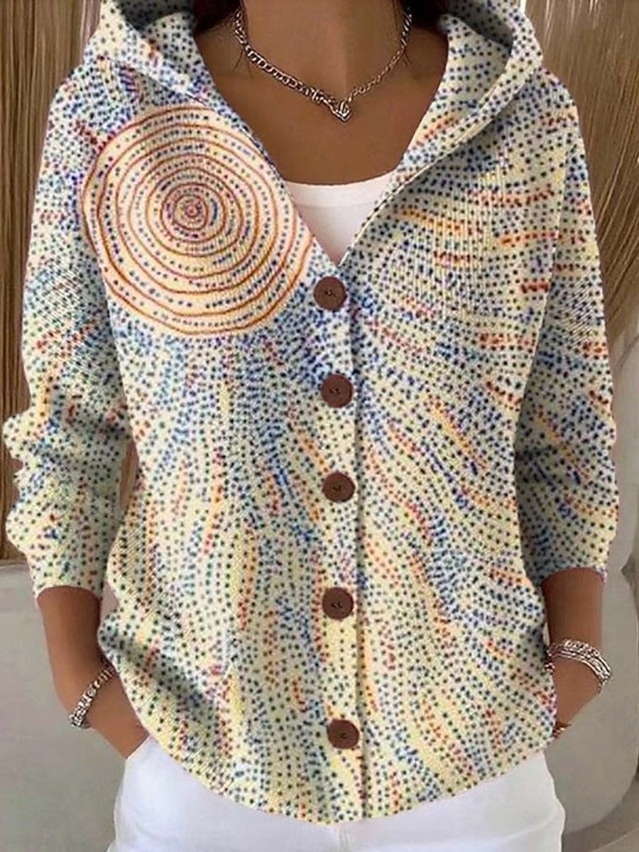 Women's Multicolor Patchwork Button-Front Hooded Cardigan Sweater - Light Yellow
