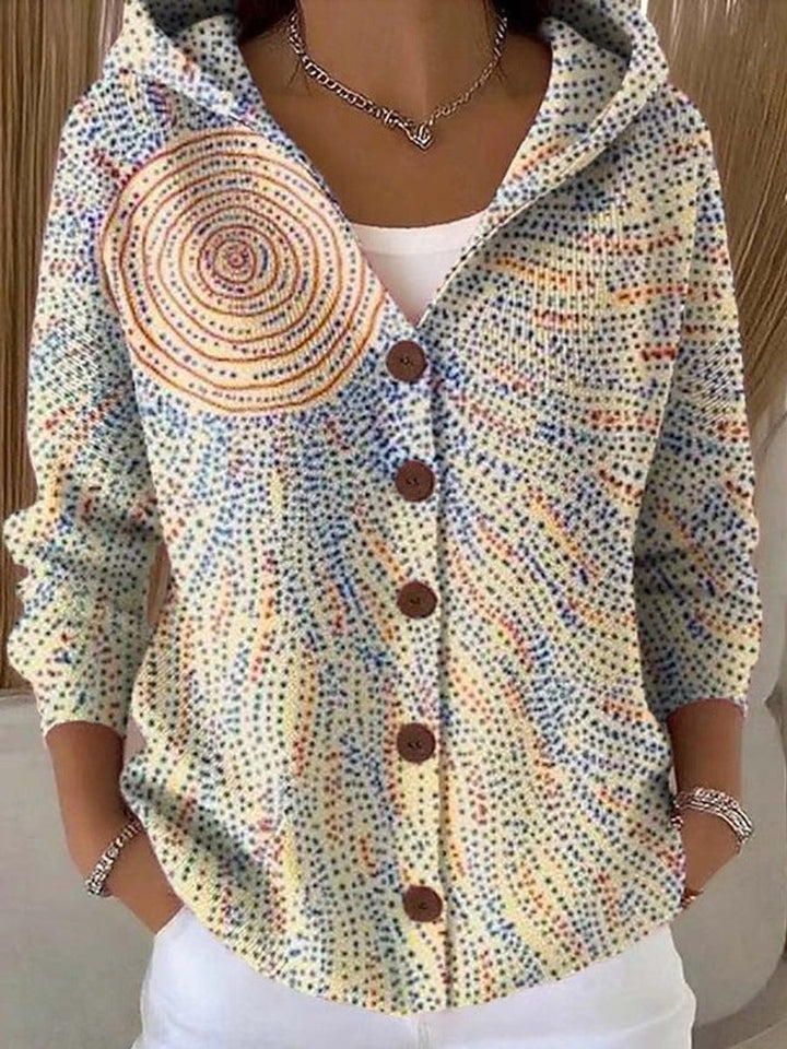 Women's Multicolor Patchwork Button-Front Hooded Cardigan Sweater - Light Yellow