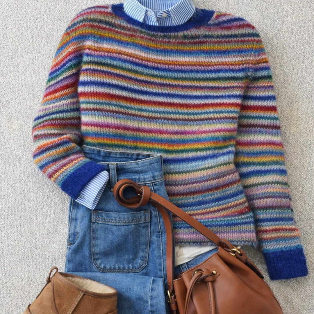 Women's Multicolor Striped Crew-Neck Knit Pullover Sweater - Rainbow Stripes