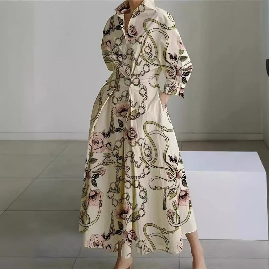 Women's Newspaper Print Collared Wrap Maxi Dress - Gold Chain Print