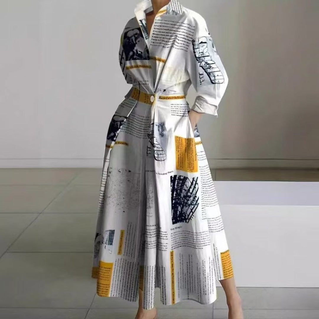 Women's Newspaper Print Collared Wrap Maxi Dress - Yellow Newspaper Print
