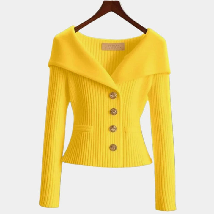 Women's Off-Shoulder Button-Up Ribbed Cardigan Sweater - Yellow
