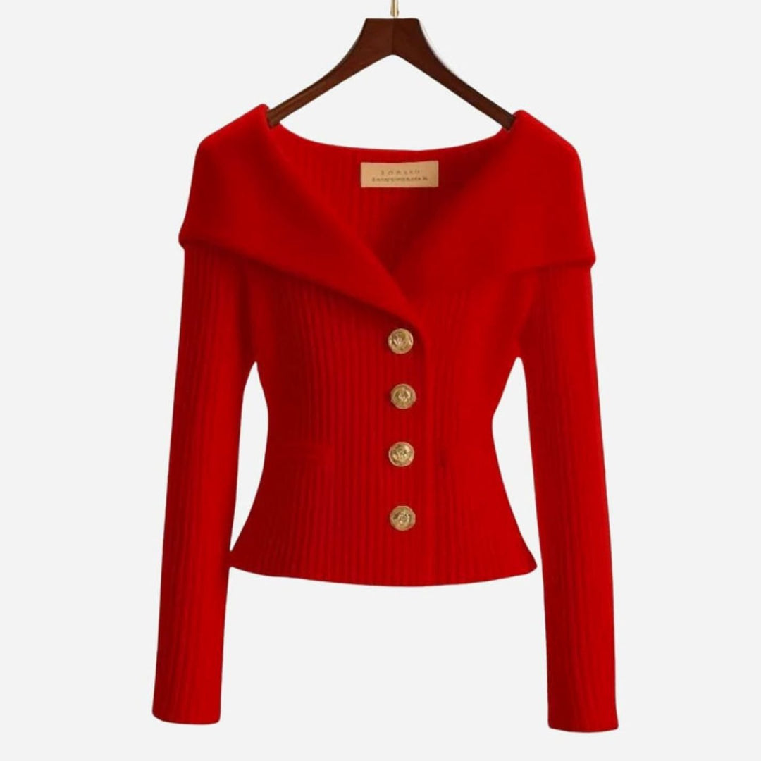 Women's Off-Shoulder Button-Up Ribbed Cardigan Sweater - Red