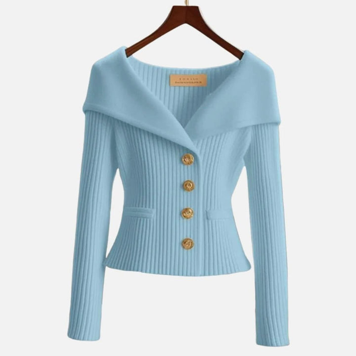 Women's Off-Shoulder Button-Up Ribbed Cardigan Sweater - Light Blue
