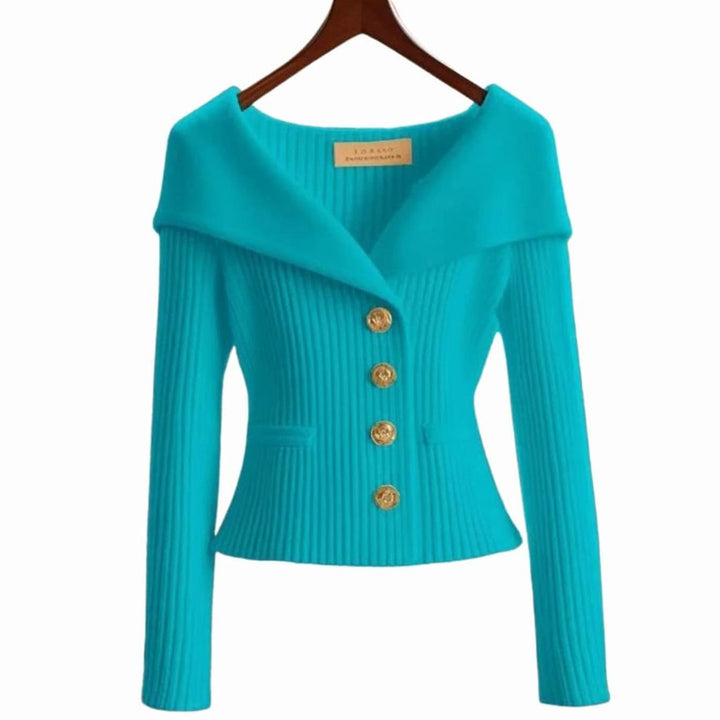 Women's Off-Shoulder Button-Up Ribbed Cardigan Sweater - Blue