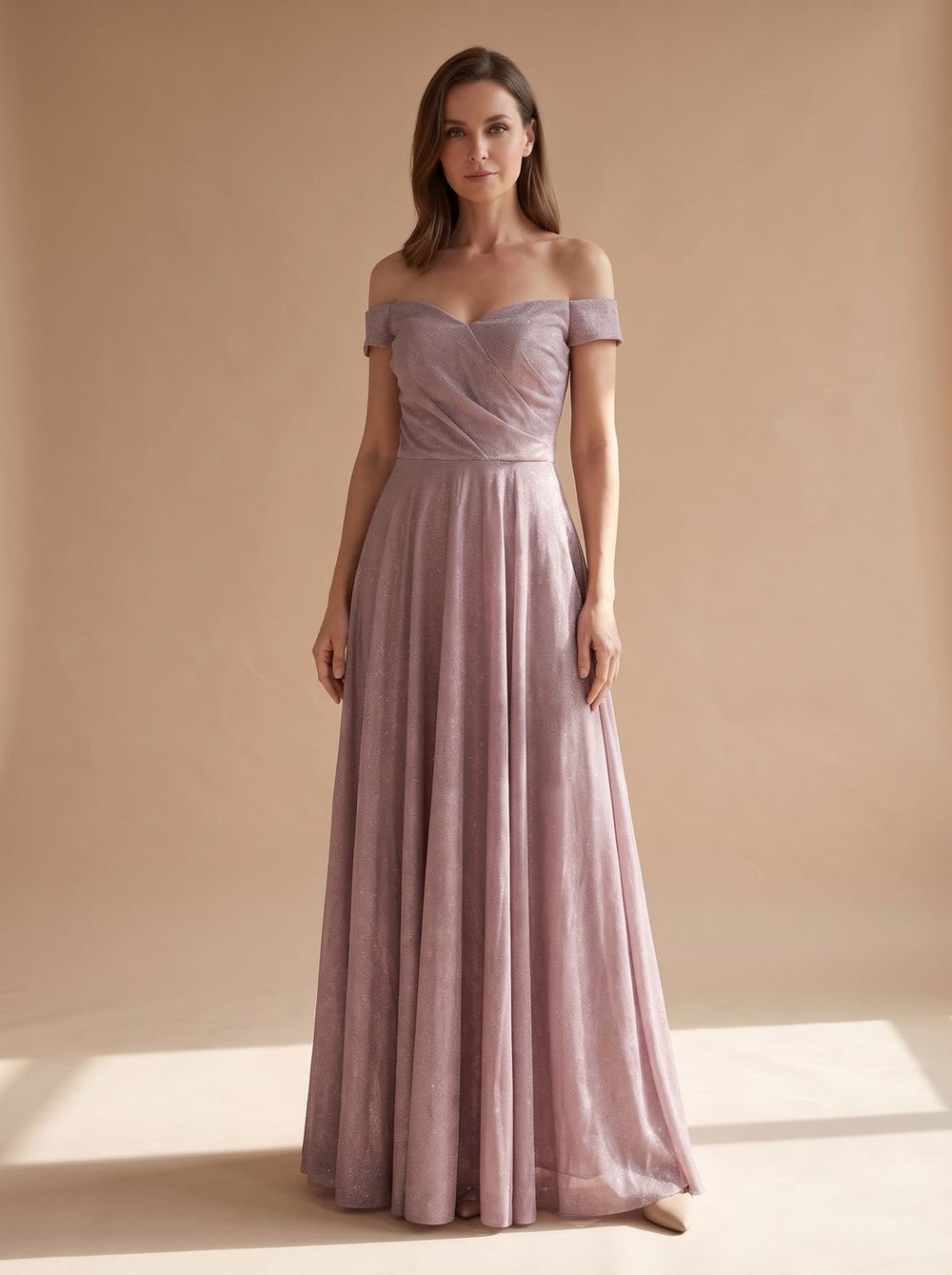 Women's Off-Shoulder Glitter A-Line Formal Wedding Guest Gown - Light Pink