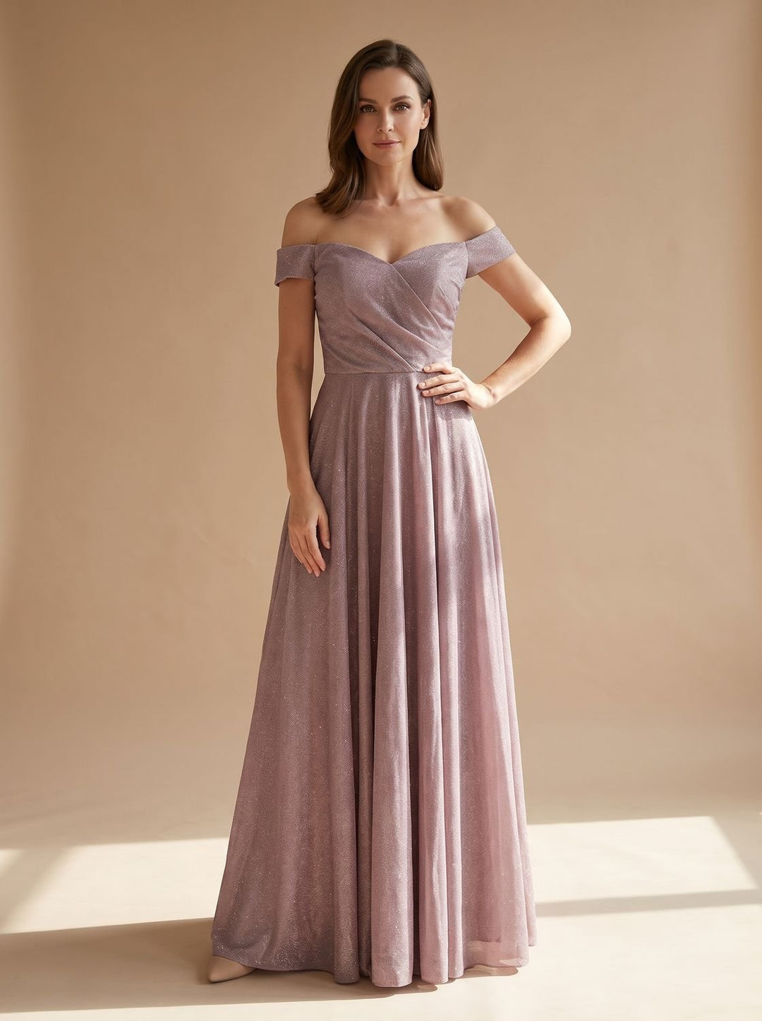 Women's Off-Shoulder Glitter A-Line Formal Wedding Guest Gown