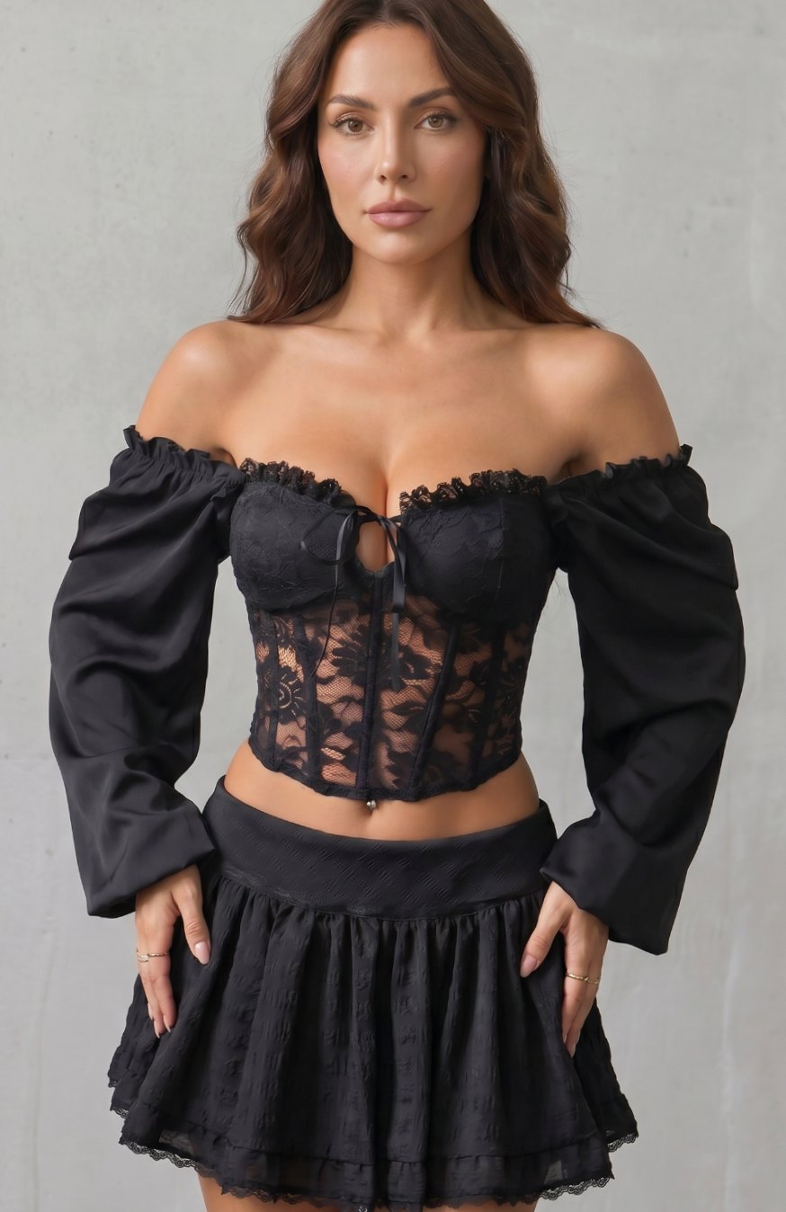 Women's Off-Shoulder Lace Corset Top Puff Sleeve Bustier