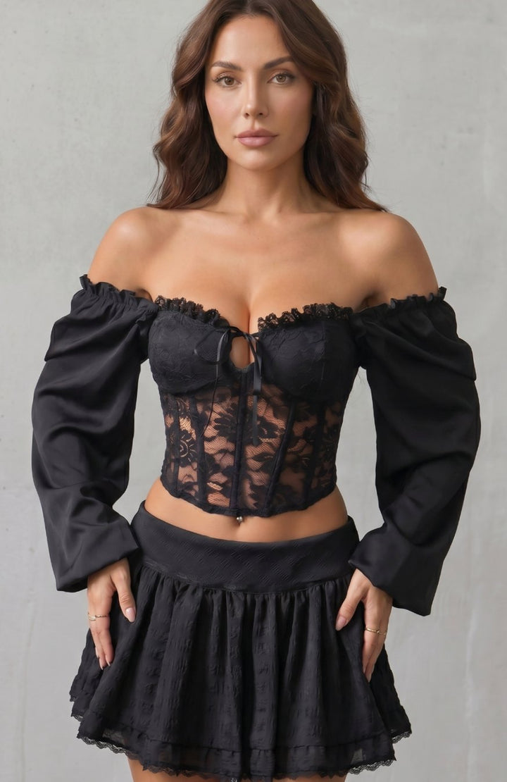 Women's Off-Shoulder Lace Corset Top Puff Sleeve Bustier