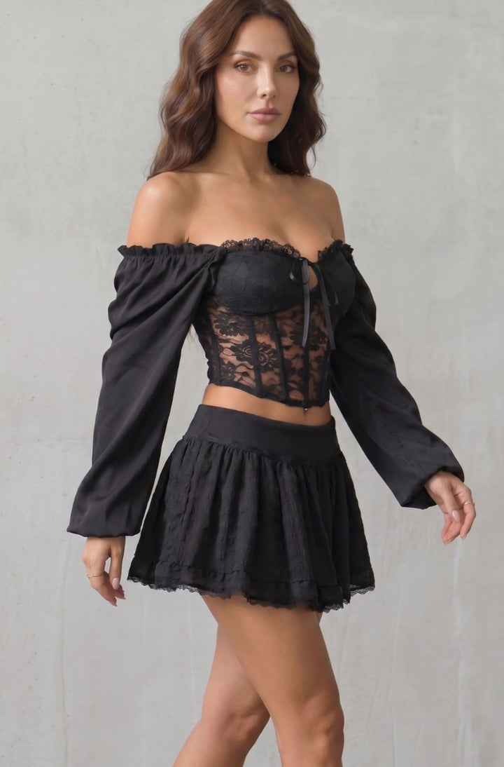 Women's Off-Shoulder Lace Corset Top Puff Sleeve Bustier