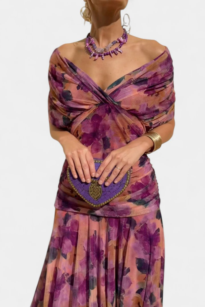 Women's Off-Shoulder Ruched Cocktail Party Dress Flowy Maxi - Purple