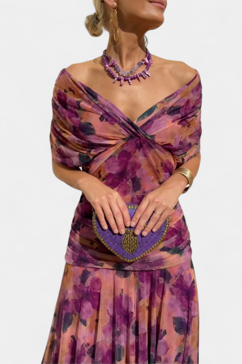 Women's Off-Shoulder Ruched Cocktail Party Dress Flowy Maxi