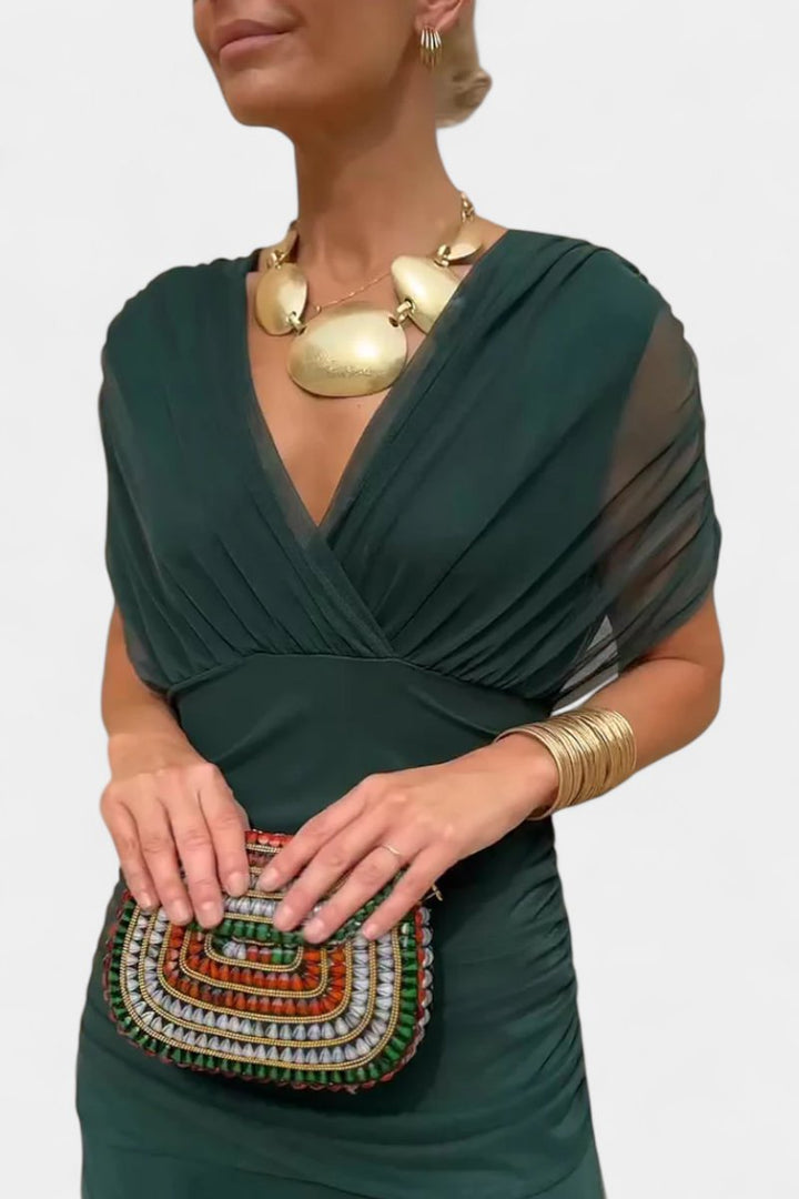 Women's Off-Shoulder Ruched Cocktail Party Dress Flowy Maxi - Green