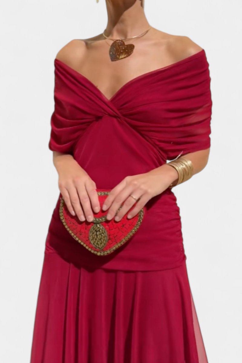 Women's Off-Shoulder Ruched Cocktail Party Dress Flowy Maxi - Red