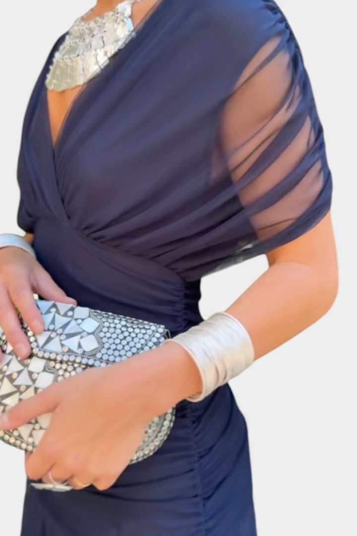 Women's Off-Shoulder Ruched Cocktail Party Dress Flowy Maxi - Blue