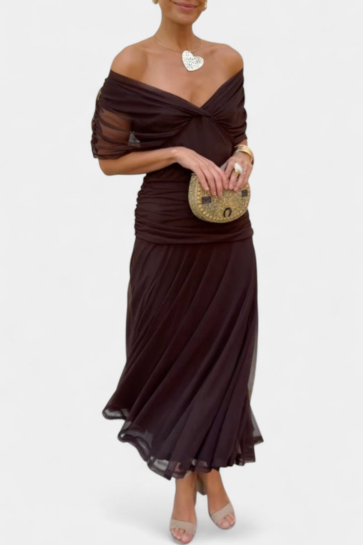 Women's Off-Shoulder Ruched Cocktail Party Dress Flowy Maxi