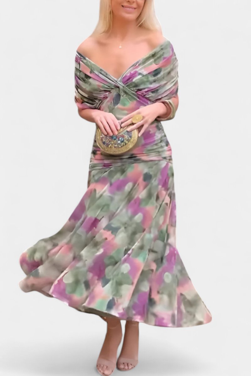 Women's Off-Shoulder Ruched Cocktail Party Dress Flowy Maxi - Multicolor
