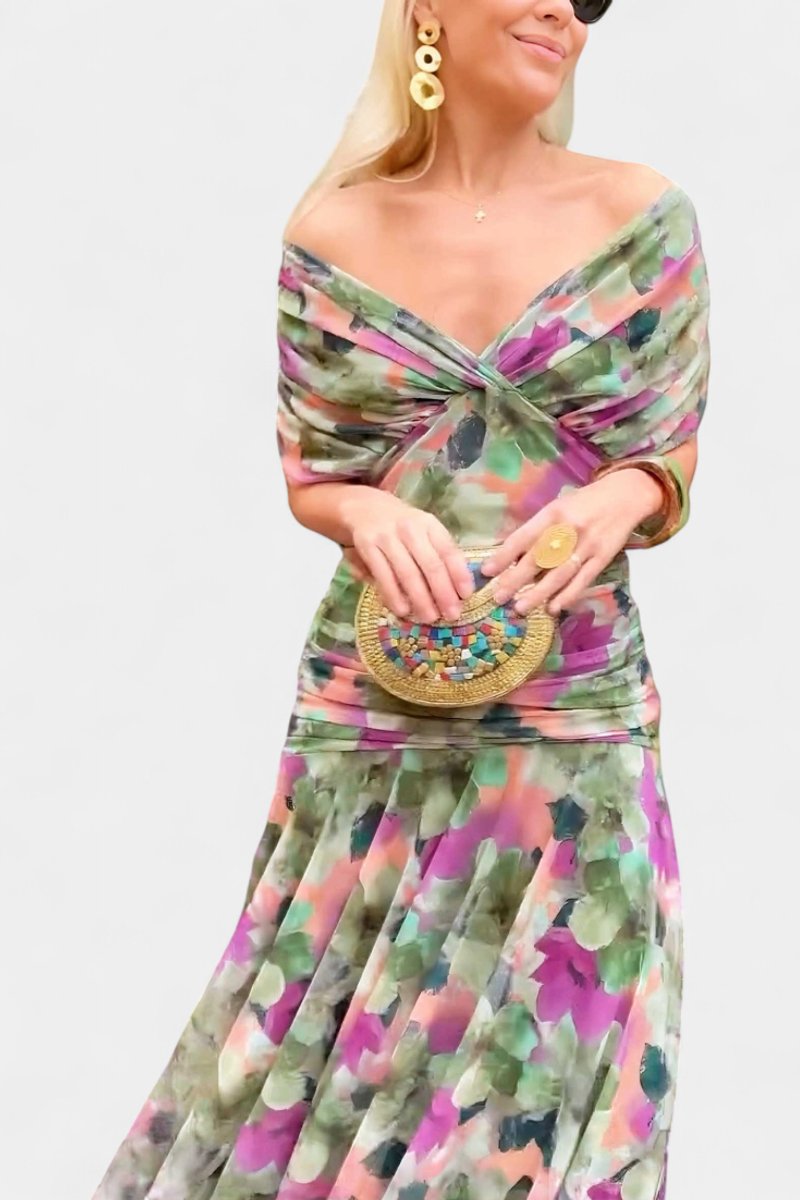 Women's Off-Shoulder Ruched Cocktail Party Dress Flowy Maxi