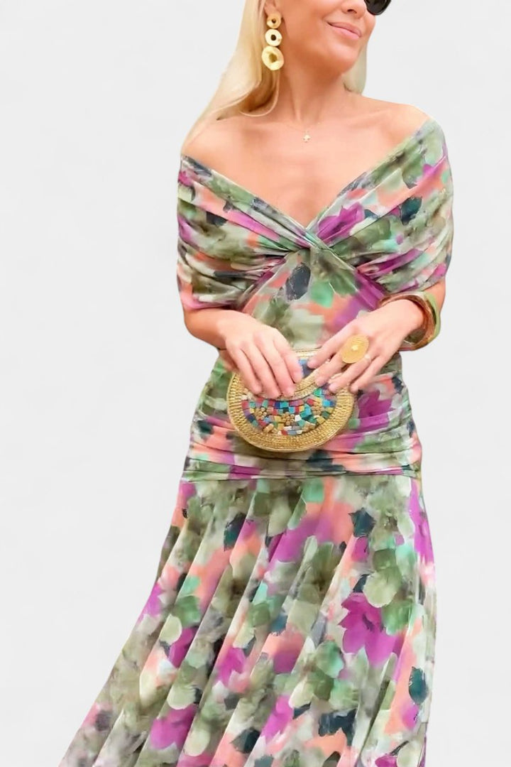 Women's Off-Shoulder Ruched Cocktail Party Dress Flowy Maxi