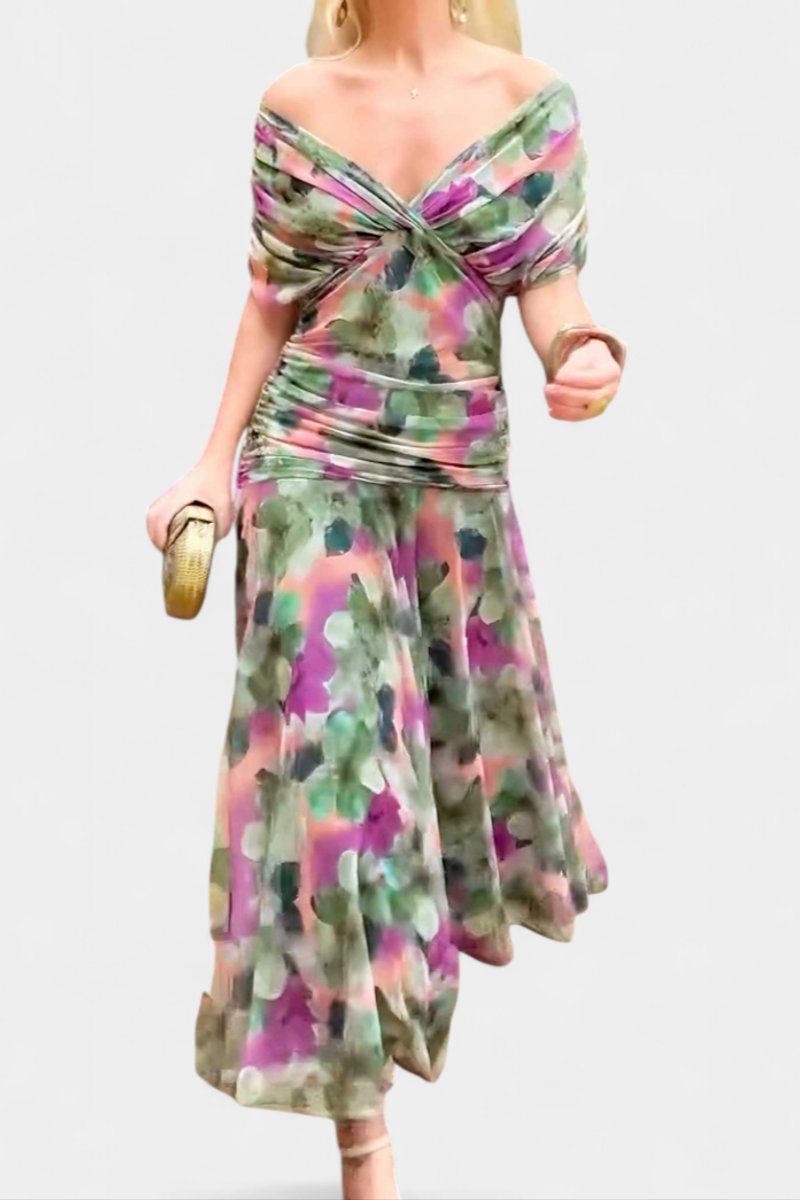 Women's Off-Shoulder Ruched Cocktail Party Dress Flowy Maxi