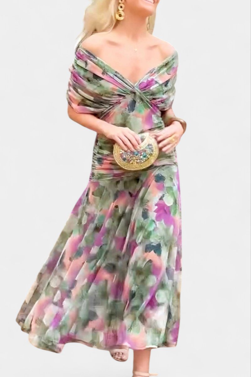 Women's Off-Shoulder Ruched Cocktail Party Dress Flowy Maxi
