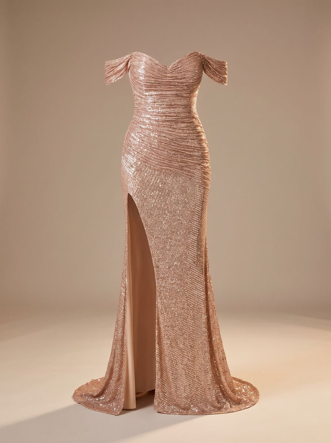 Women's Off-Shoulder Ruched Sequin Maxi Gown High Slit - Champagne