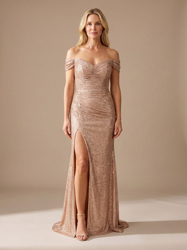 Women's Off-Shoulder Ruched Sequin Maxi Gown High Slit