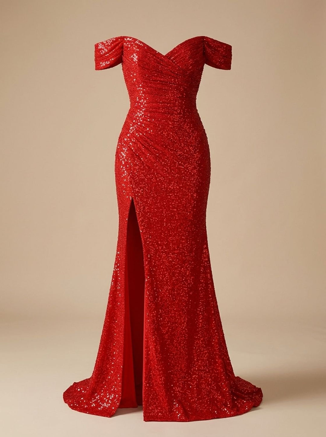Women's Off-Shoulder Ruched Sequin Maxi Gown High Slit - Red