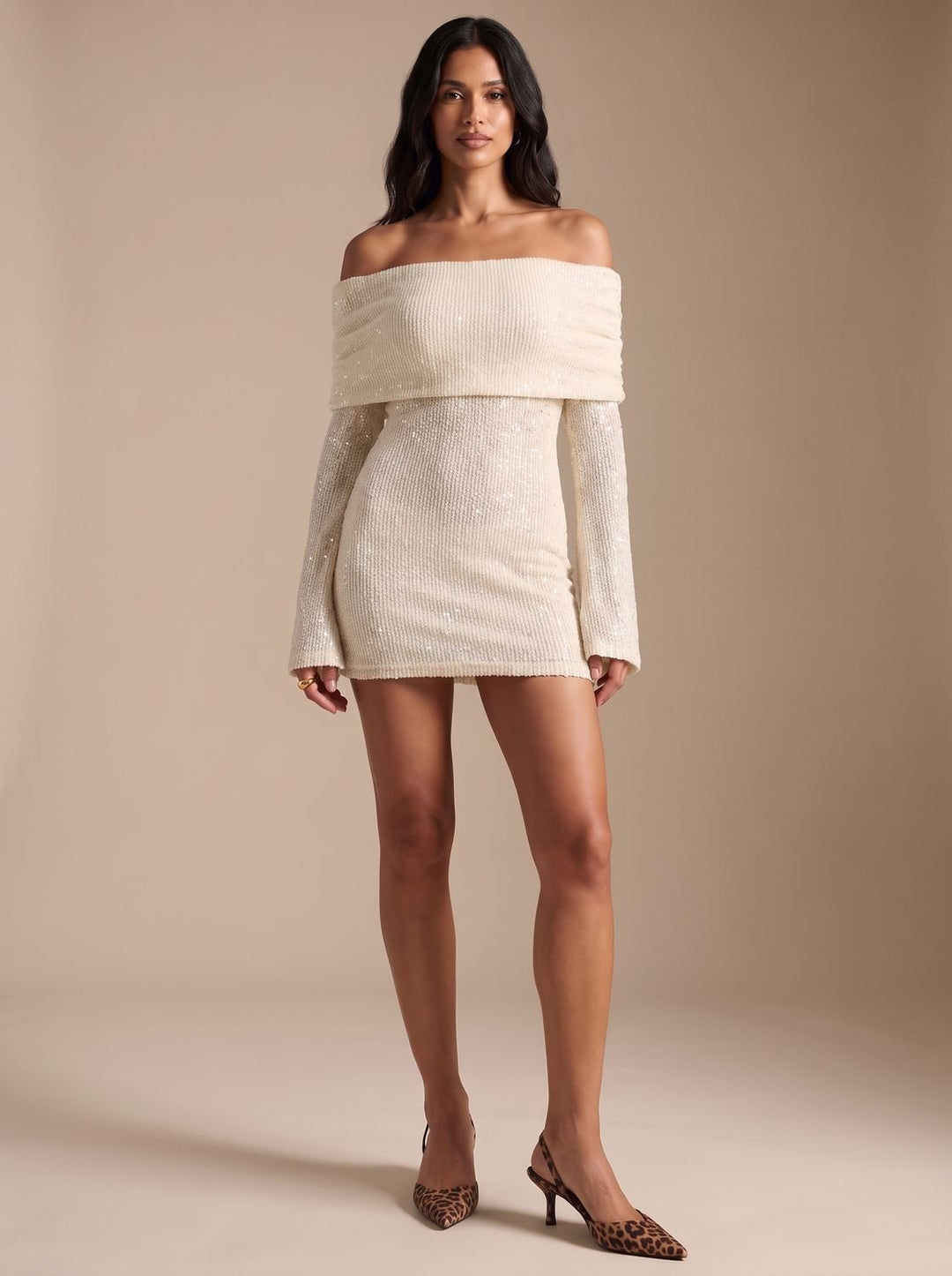 Women's Off-Shoulder Sequin Long-Sleeve Mini Dress - White