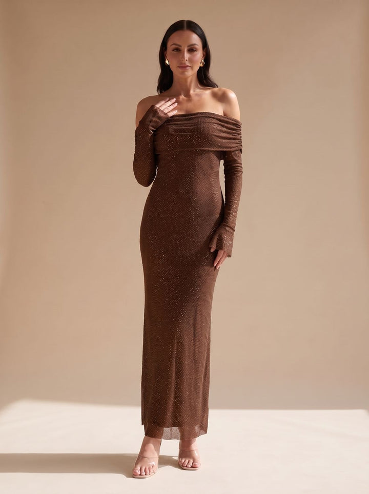 Women's Off-Shoulder Sequin Maxi Dress Long Sleeves