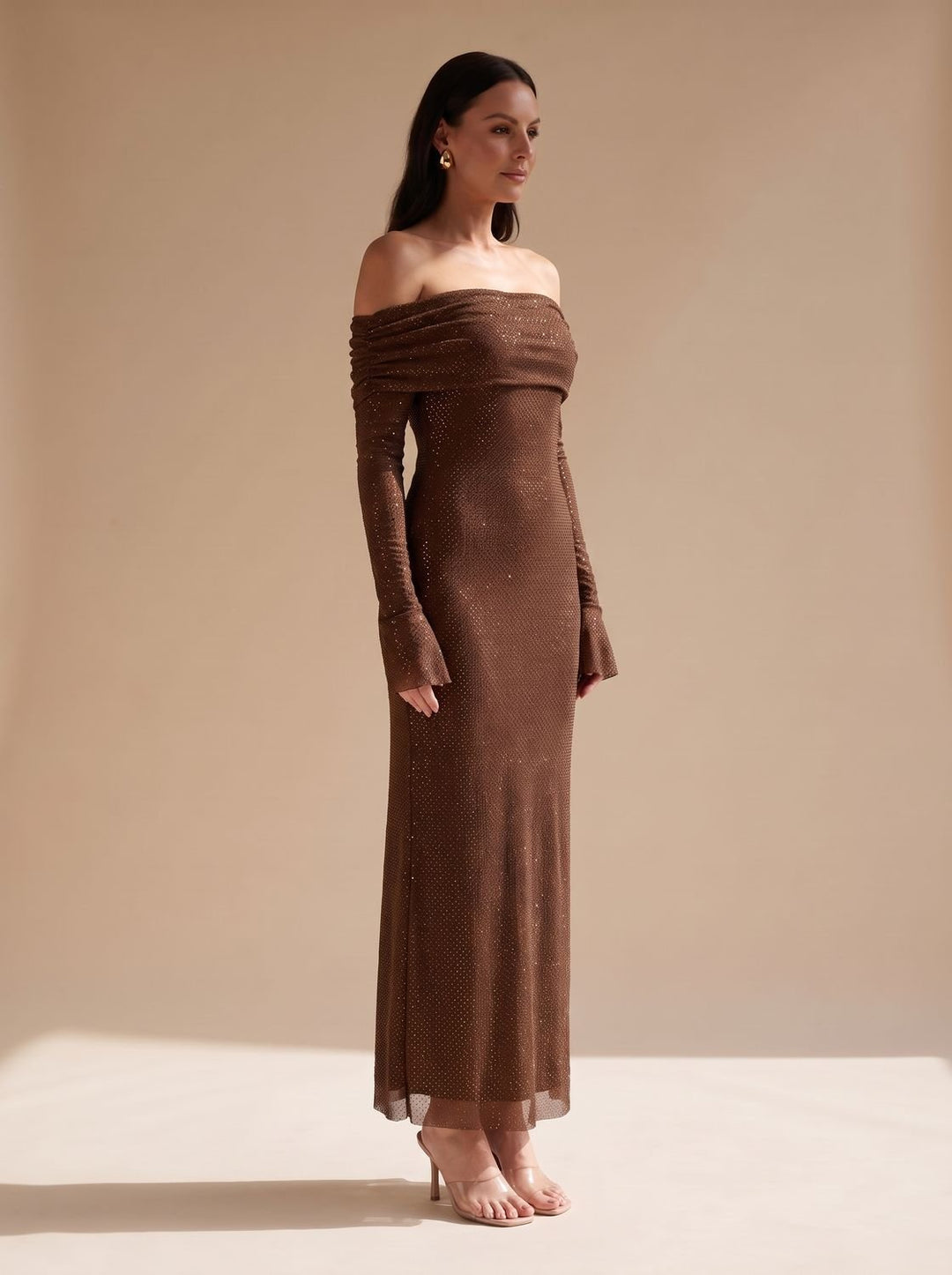 Women's Off-Shoulder Sequin Maxi Dress Long Sleeves