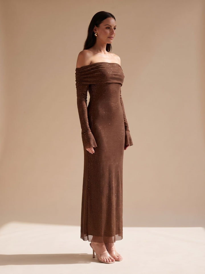 Women's Off-Shoulder Sequin Maxi Dress Long Sleeves