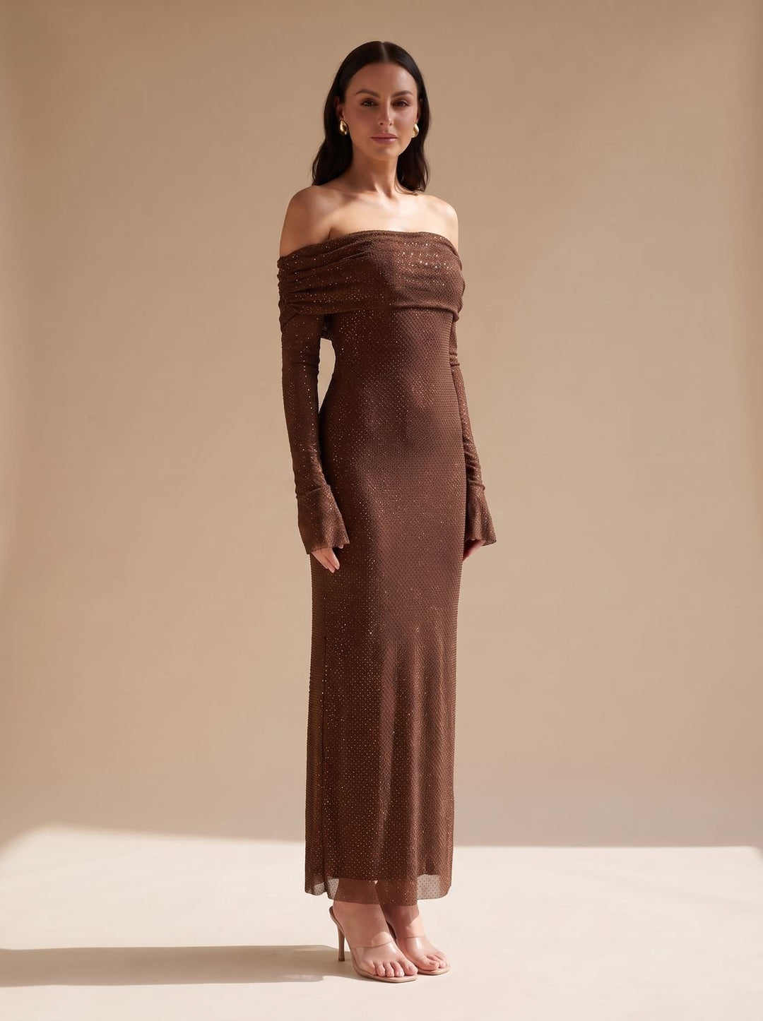 Women's Off-Shoulder Sequin Maxi Dress Long Sleeves