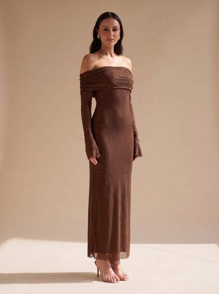 Women's Off-Shoulder Sequin Maxi Dress Long Sleeves