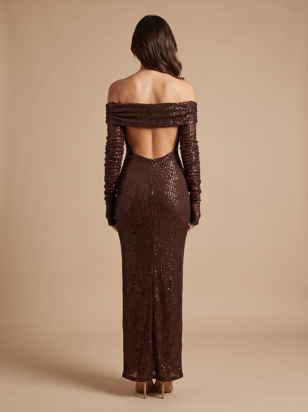 Women's Off-Shoulder Sequin Maxi Dress Long Sleeves