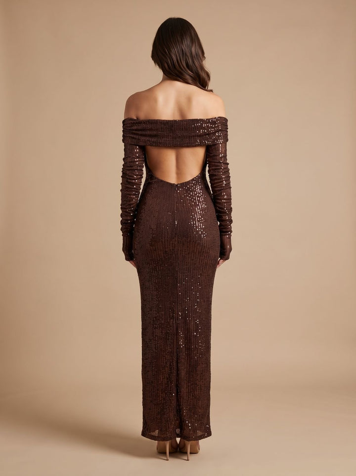 Women's Off-Shoulder Sequin Maxi Dress Long Sleeves