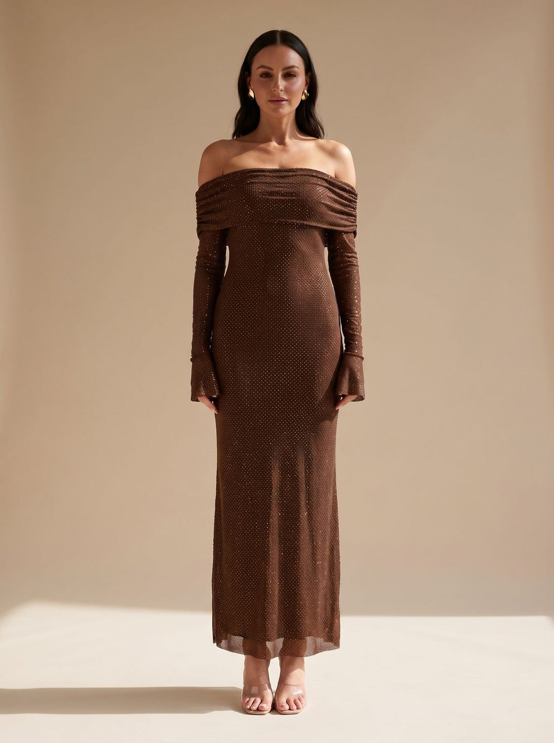 Women's Off-Shoulder Sequin Maxi Dress Long Sleeves