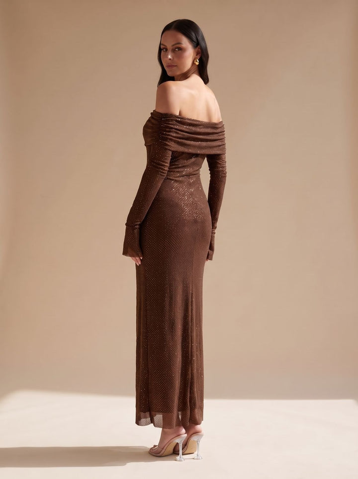 Women's Off-Shoulder Sequin Maxi Dress Long Sleeves