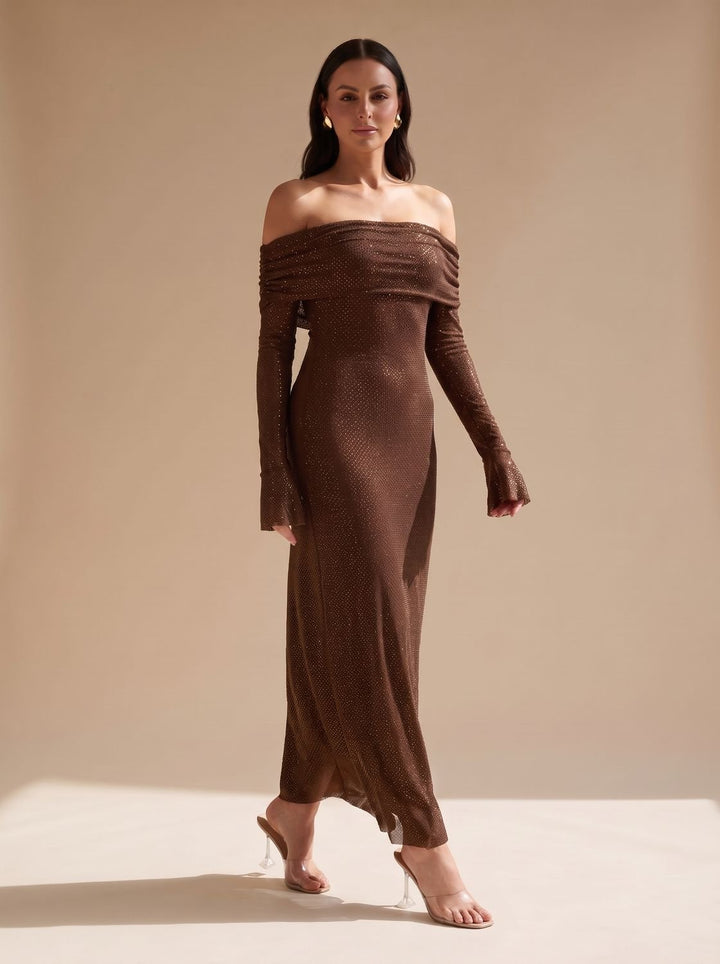 Women's Off-Shoulder Sequin Maxi Dress Long Sleeves