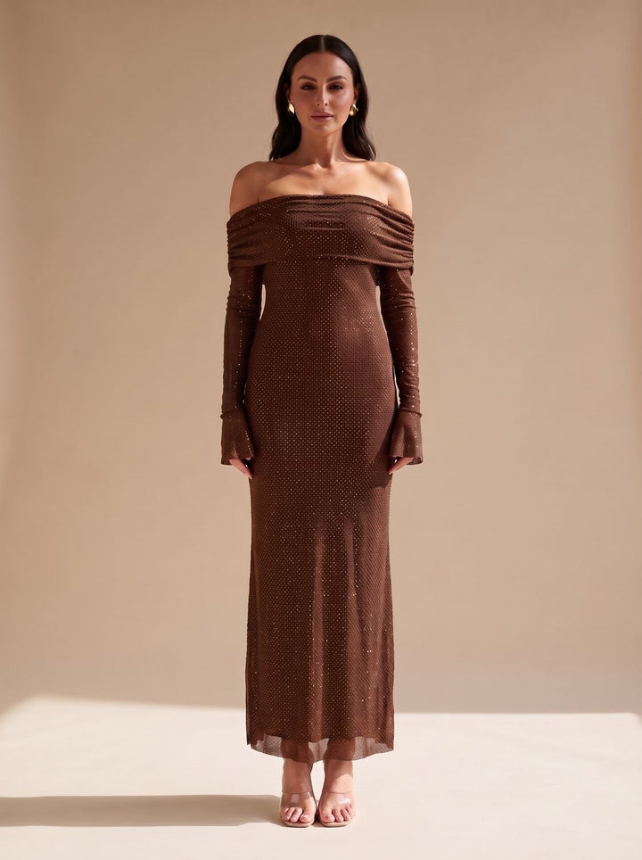 Women's Off-Shoulder Sequin Maxi Dress Long Sleeves