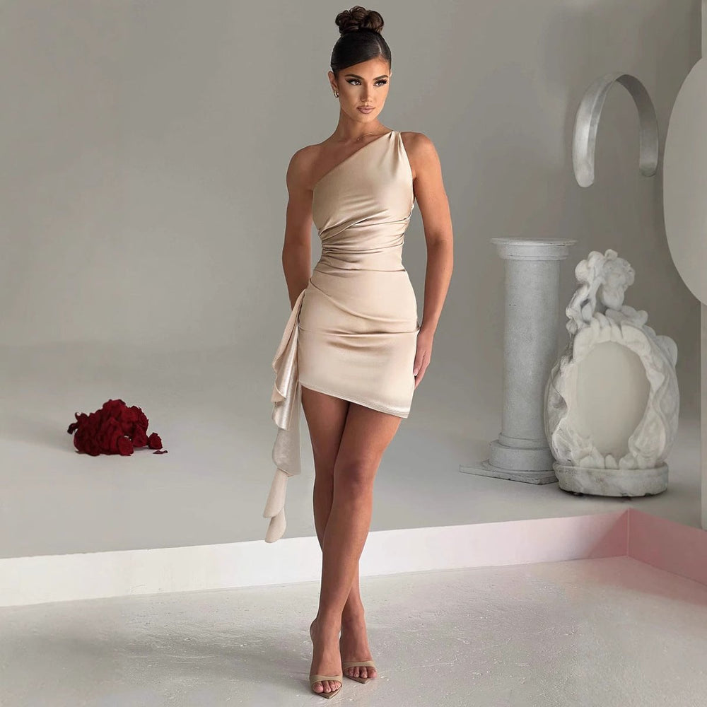Women's One-Shoulder Asymmetric Ruched Satin Cocktail Dress
