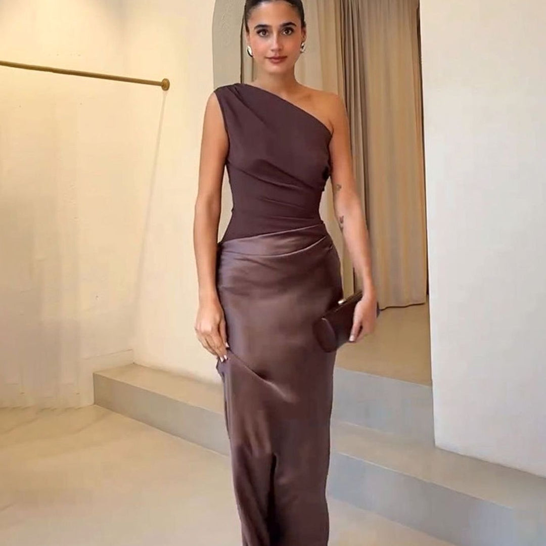 Women's One-Shoulder Asymmetric Satin Maxi Dress - Dark Brown