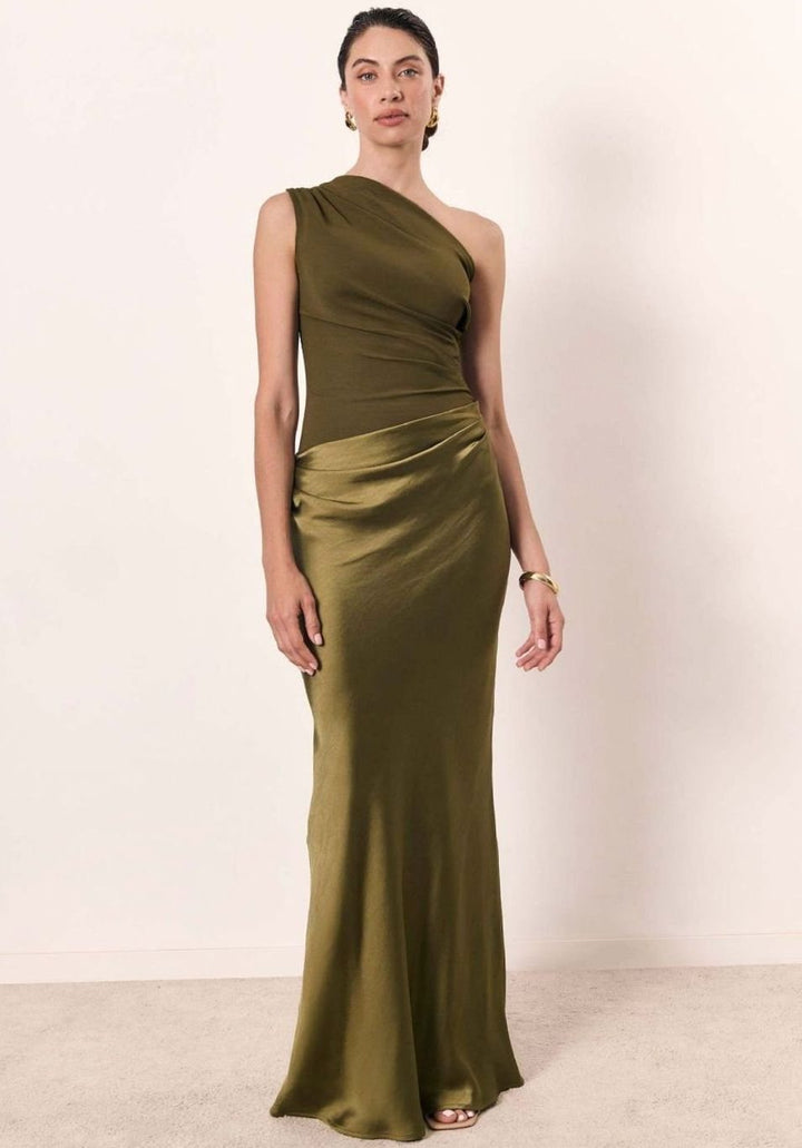 Women's One-Shoulder Asymmetric Satin Maxi Dress - Matcha Green