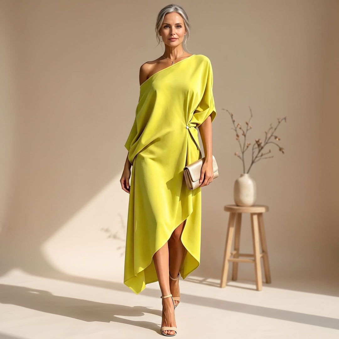 Women's One-Shoulder Asymmetrical Midi Dress - Yellow