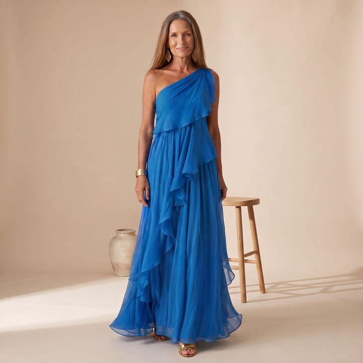 Women's One-Shoulder Cascading Ruffle Maxi Dress - Blue