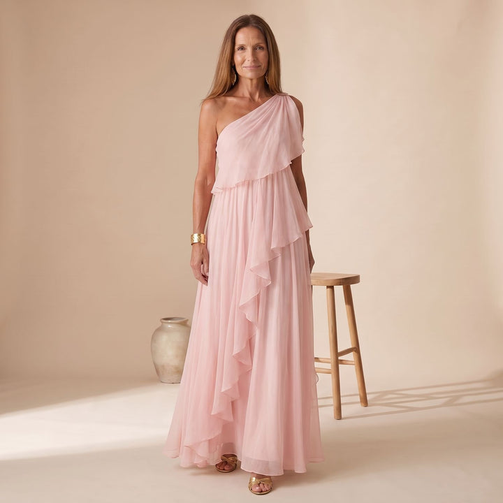 Women's One-Shoulder Cascading Ruffle Maxi Dress - Pink